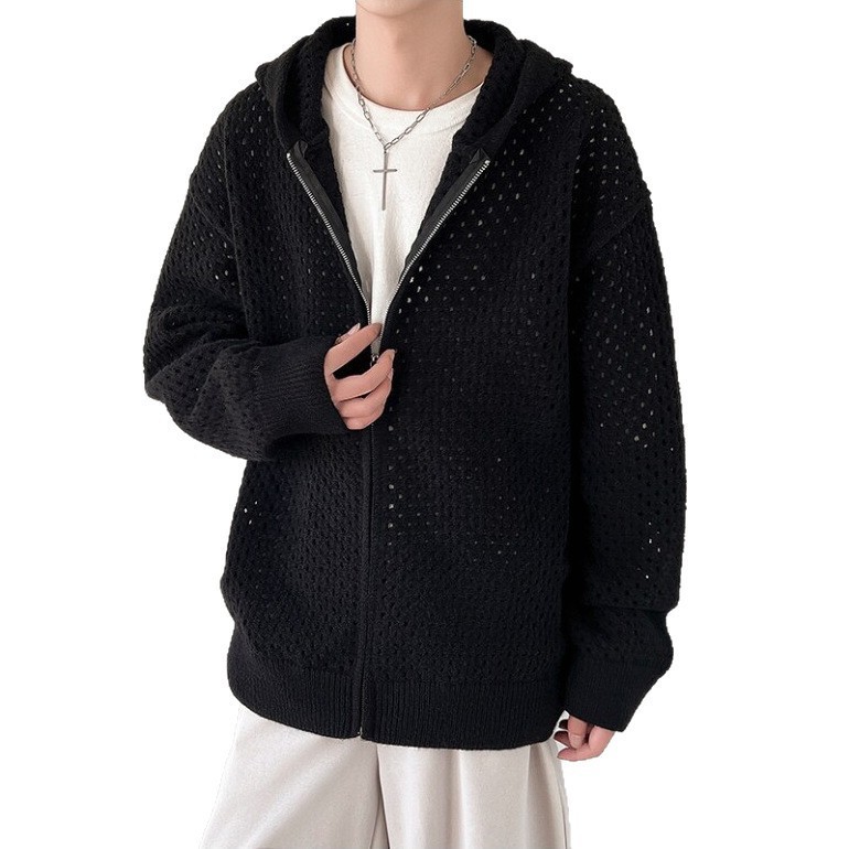 Hollow Out Hooded Cardigan Unisex Ripped Knit Sweater Coat Trendy Streetwear